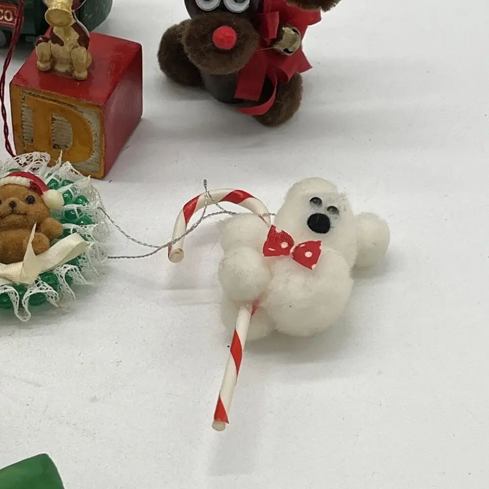 Vintage Lot Of 16 Christmas Ornaments Wooden Flocked Assorted MCM Nutcracker